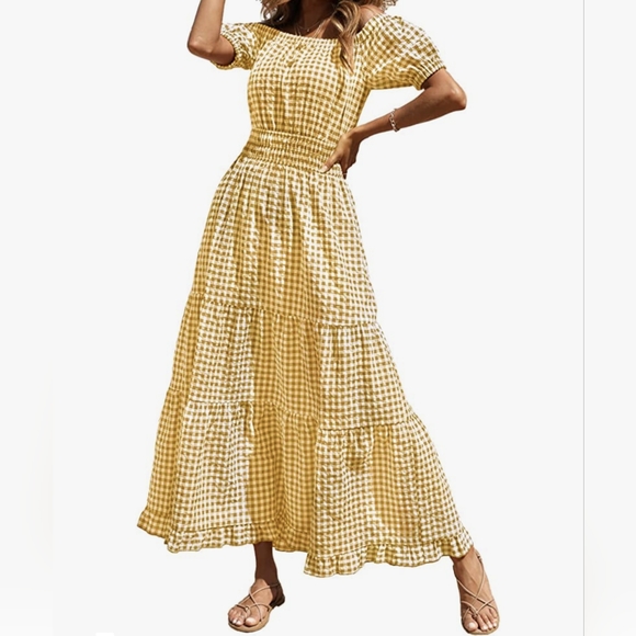 Dresses & Skirts - Women's Short Sleeve Yellow Gingham Maxi Dress, Summer Dresses, NWT